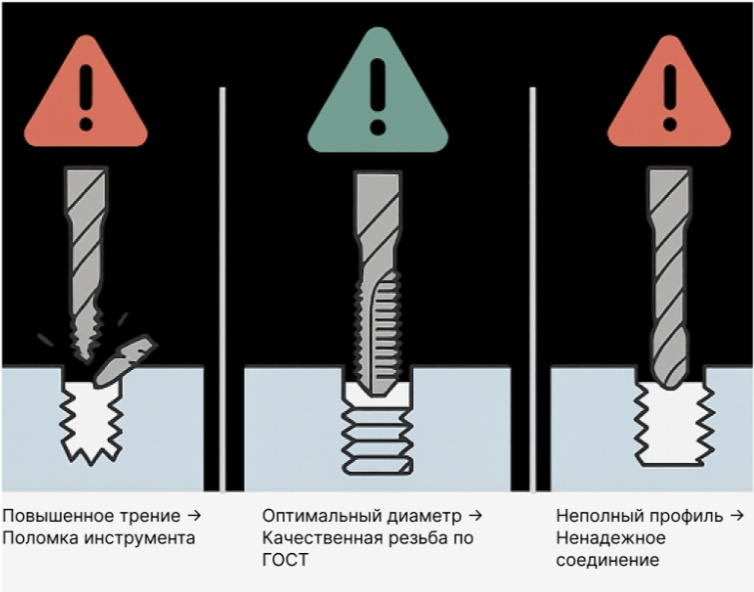 Последствия ошибки при выборе диаметра отверстия под резьбу