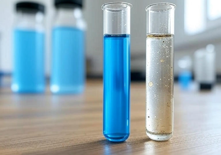 Слева - стабильная эмульсия СОЖ, приготовленная на воде правильной жесткости. Справа - результат смешивания с неподходящей водой