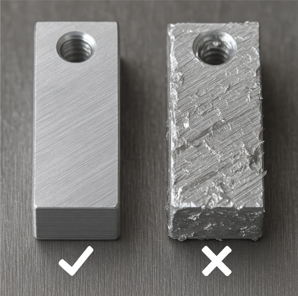 Результат обработки алюминия подходящей (слева) и неподходящей (справа) фрезой