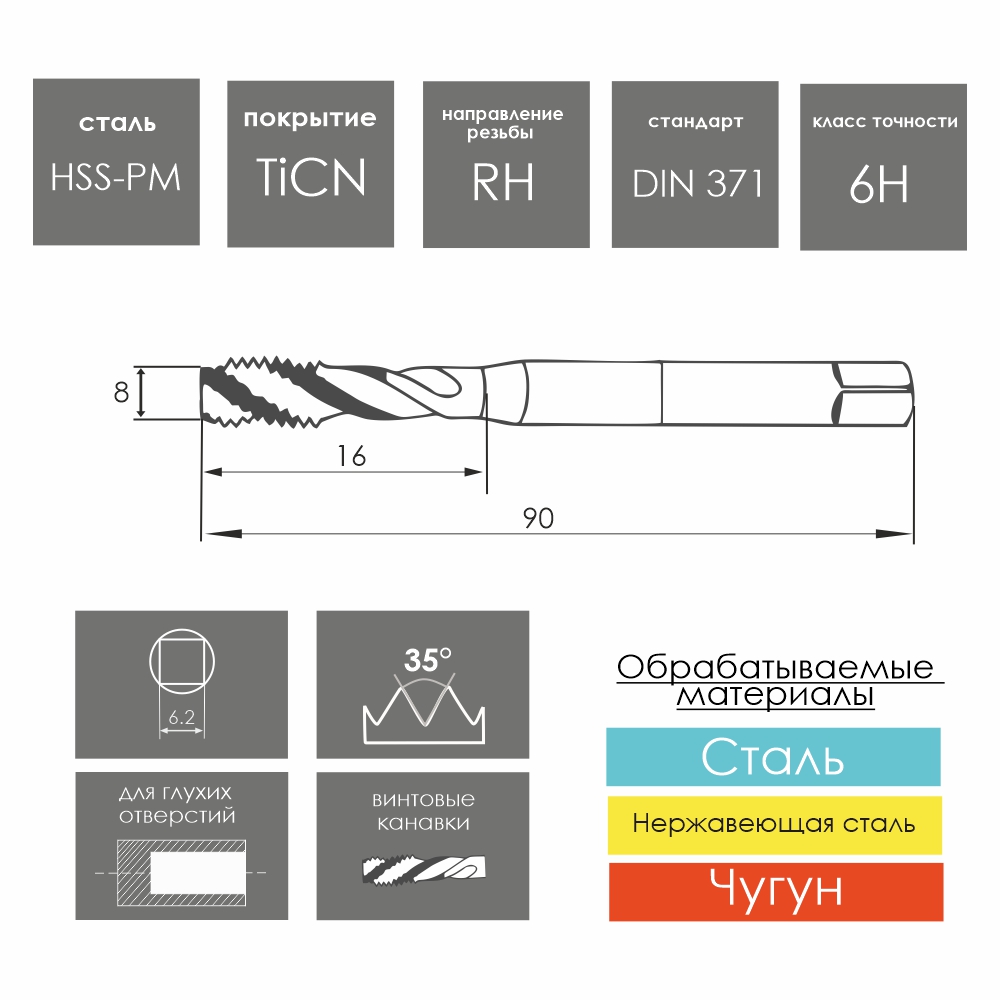 Метчик с винтовой канавкой, глухой М  8х1,25 HSSE-PM 6H TiCN DIN371