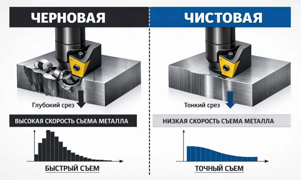 Инфографика: сравнение черновой и чистовой обработки фрезой.