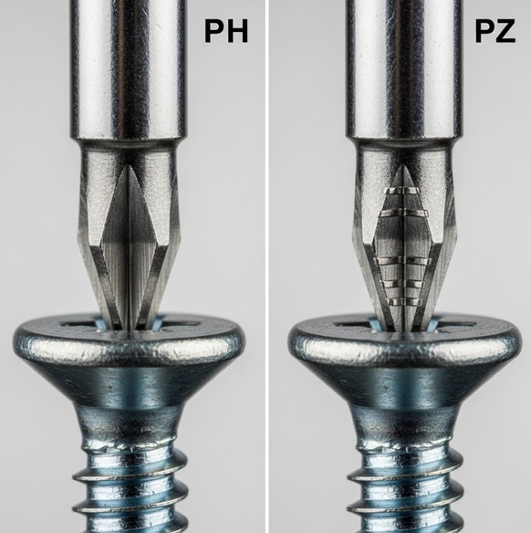 Сравнение видов крестовых отверток Phillips и Pozidriv крупным планом.
