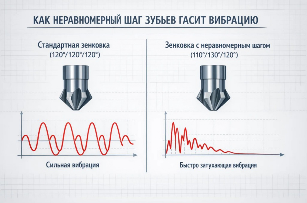 Инфографика о зенковках с неравномерным шагом зубьев