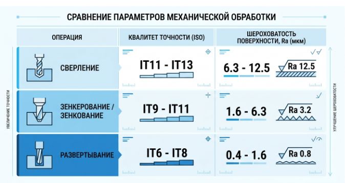 таблица сравнения точности и чистоты поверхности при сверлении зенкеровании и развертывании