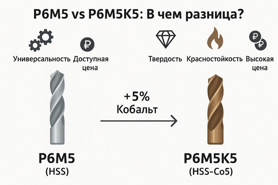 Инфографика отличий сверл Р6М5 и Р6М5К5