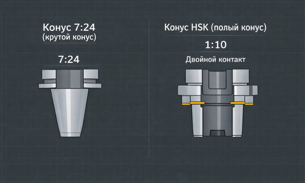 Инфографика сравнения конусов 7:24 и HSK 1:10.