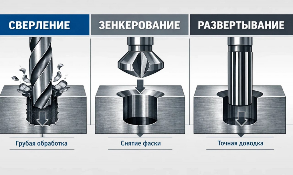 Схема: разница между сверлением, зенкерованием и развертыванием отверстия.