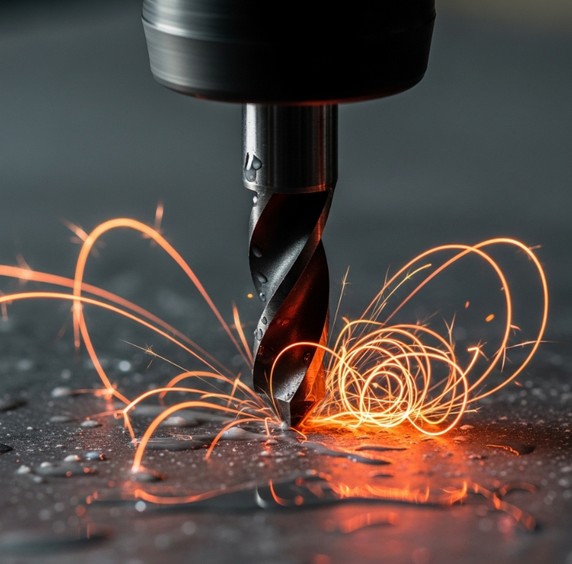 Спиральное сверло в процессе сверления толстого металла.