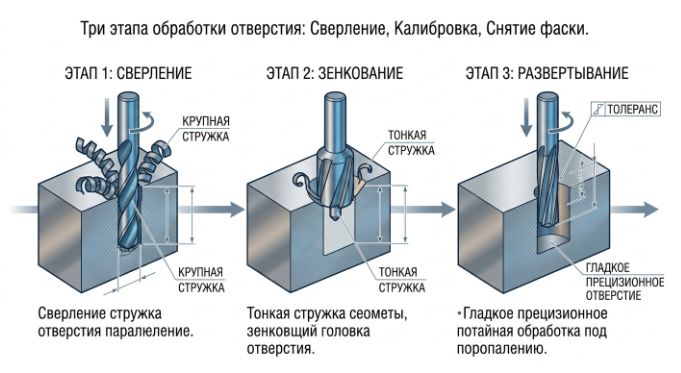 схема сверления зенкерования и развертывания отверстия в металлической детали