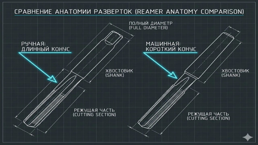 Схема отличий заборной части ручной и станочной развертки