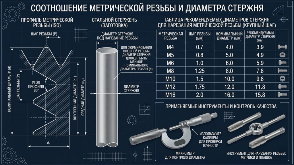 Инфографика с правилом расчета диаметра заготовки под метрическую резьбу