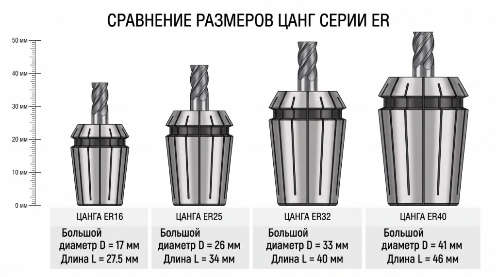 Сравнение размеров цанг ER16, ER25, ER32 и ER40