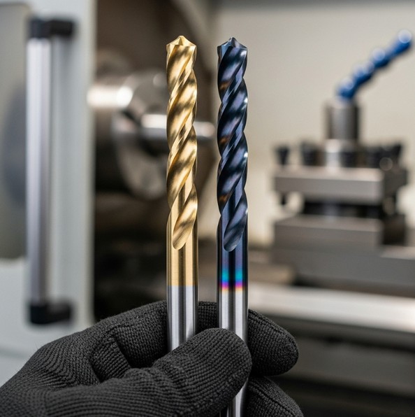 Спиральное сверло с покрытием TiN и TiAlN для сравнения.