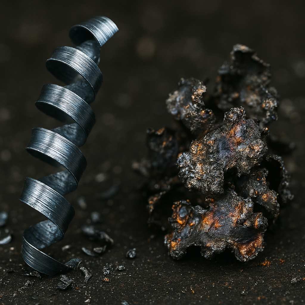 "Правильная" витая или сегментная стружка (слева) и "неправильная" обгоревшая, оплавленная стружка (справа), свидетельствующая о неверных режимах.