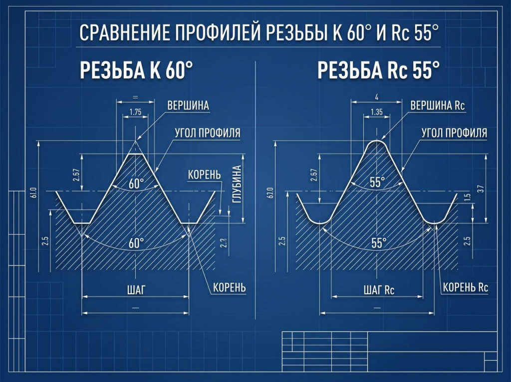 Инфографика: отличия углов профиля конической резьбы K (60°) и Rc (55°)