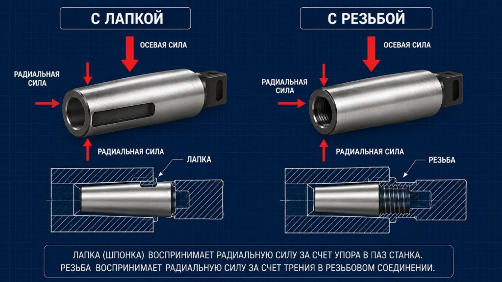 Инфографика отличий конуса Морзе с лапкой и конуса с резьбой.