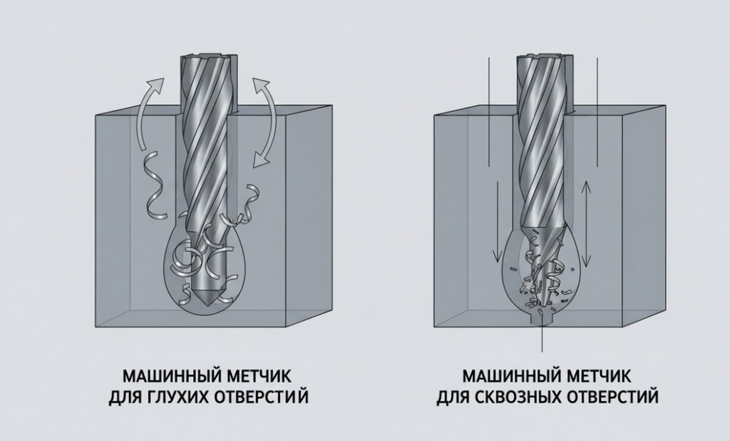 Принцип отвода стружки у машинных метчиков