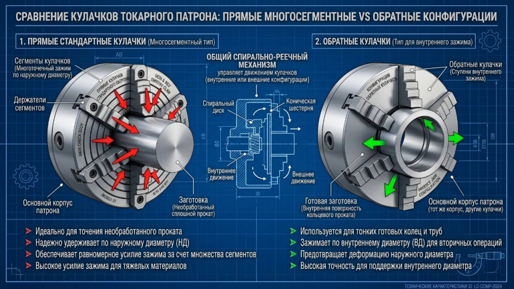 Инфографика: отличие прямых токарных кулачков от обратных