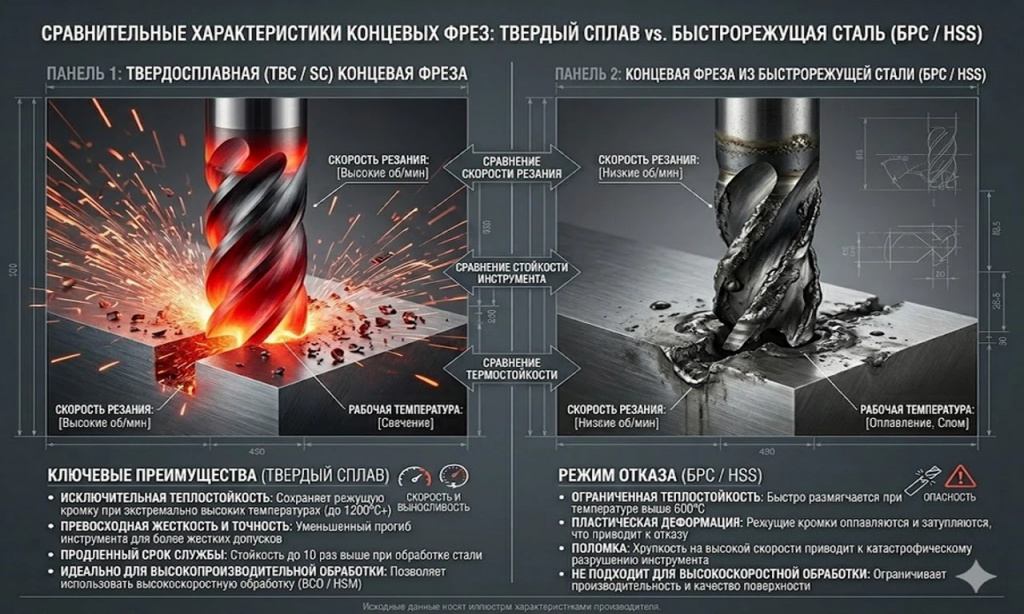 Сравнение твердосплавной фрезы и инструмента из быстрорежущей стали.