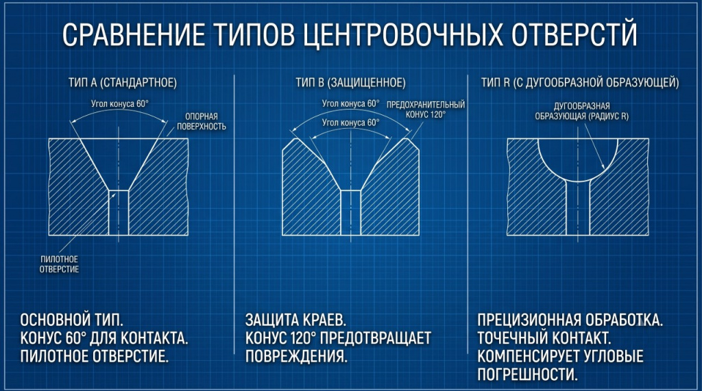Чертеж отличий центровочных сверл типа А, В и R по ГОСТ 14952-75