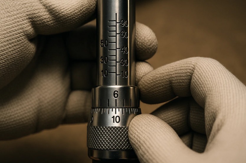 Настройка шкалы щелчкового динамометрического ключа крупным планом.