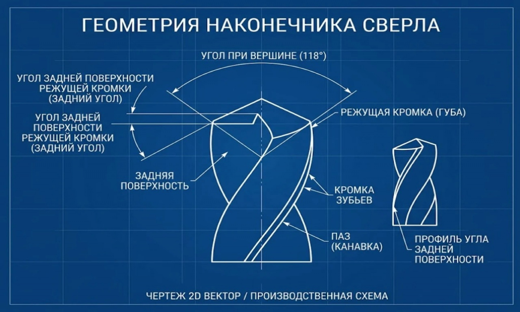 Схема правильных углов заточки сверла по металлу.