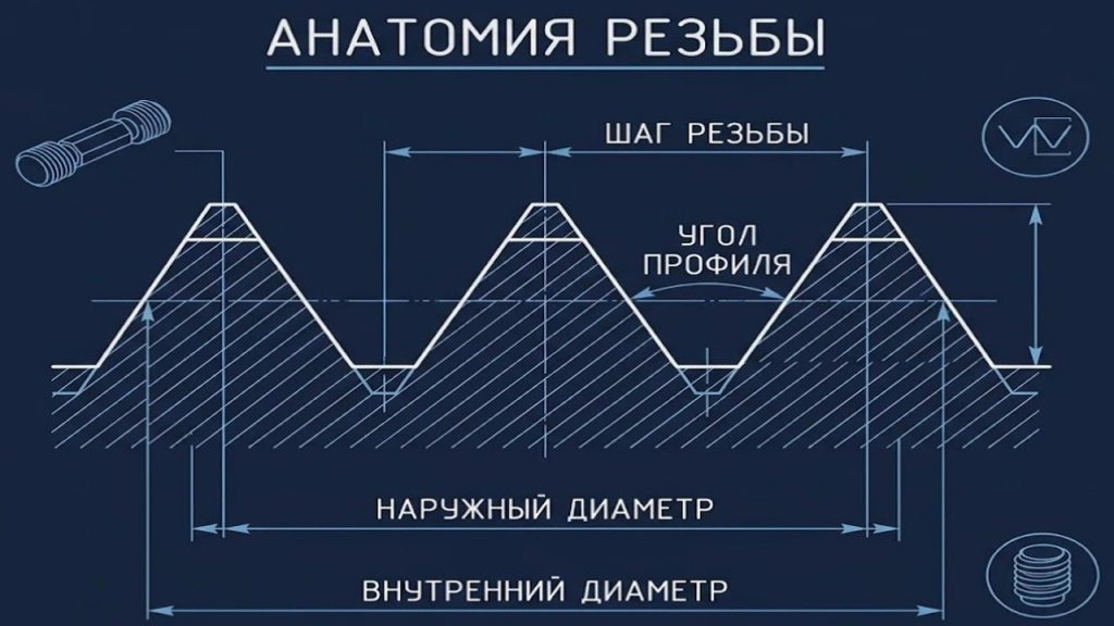 Схема анатомии резьбы с указанием шага, угла профиля и диаметров